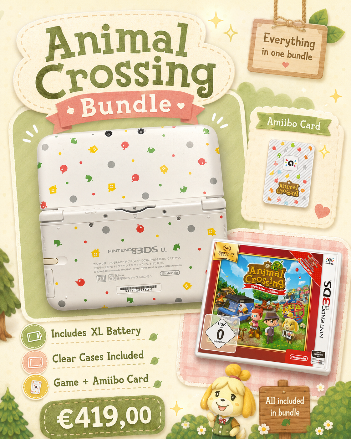 Animal Crossing Nintendo 3DS XL bundle with XL battery, clear cases, Welcome amiibo game and amiibo card